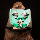 Excellent crafted Men's green Fleur de Lis Coat of Arms Ring - solid Brass - BikeRing4u