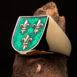 Excellent crafted Men's green Fleur de Lis Coat of Arms Ring - solid Brass - BikeRing4u