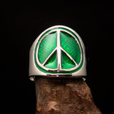 Round Men's Ring green Peace Symbol Flower Power - Sterling Silver - BikeRing4u