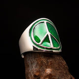 Round Men's Ring green Peace Symbol Flower Power - Sterling Silver - BikeRing4u