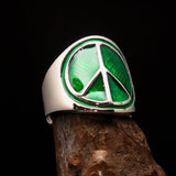 Round Men's Ring green Peace Symbol Flower Power - Sterling Silver - BikeRing4u