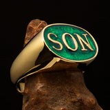 Perfectly crafted oval Initial Men's Pinky Ring green SON one word - Solid Brass - BikeRing4u