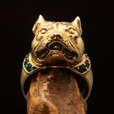 Excellent crafted Men's Pinky Ring Pitbull with green CZ Collar - Solid Brass - BikeRing4u