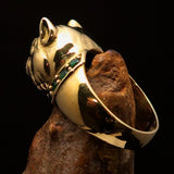 Excellent crafted Men's Pinky Ring Pitbull with green CZ Collar - Solid Brass - BikeRing4u