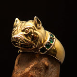 Excellent crafted Men's Pinky Ring Pitbull with green CZ Collar - Solid Brass - BikeRing4u