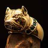 Excellent crafted Men's Pinky Ring Pitbull with green CZ Collar - Solid Brass - BikeRing4u
