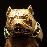 Excellent crafted Men's Pinky Ring Pitbull with green CZ Collar - Solid Brass - BikeRing4u