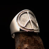 Round Men's Ring Peace Symbol Flower Power - Two Tone Sterling Silver - BikeRing4u