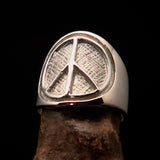 Round Men's Ring Peace Symbol Flower Power - Two Tone Sterling Silver - BikeRing4u