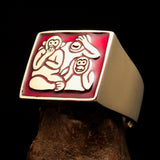 Excellent crafted Men's red 3 Monkeys Pinky Ring - Solid Brass - BikeRing4u