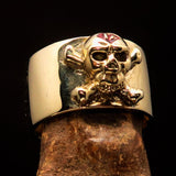 Excellent crafted Outlaw red 1% Jolly Roger Skull Band Ring - solid Brass - BikeRing4u
