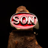 Perfectly crafted oval Initial Men's Pinky Ring red SON one word - Solid Brass - BikeRing4u