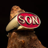 Perfectly crafted oval Initial Men's Pinky Ring red SON one word - Solid Brass - BikeRing4u