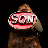 Perfectly crafted oval Initial Men's Pinky Ring red SON one word - Solid Brass - BikeRing4u
