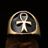 Excellent crafted Men's big black Egyptian Ankh Cross Ring - solid Brass - BikeRing4u
