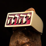 Rectangle shaped Men's Ring red YHWH Yahweh Hebrew God Israel - Solid Brass - BikeRing4u