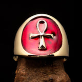 Well made Men's small red Egyptian Ankh Cross Pinky Ring - solid Brass - BikeRing4u
