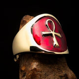 Well made Men's small red Egyptian Ankh Cross Pinky Ring - solid Brass - BikeRing4u