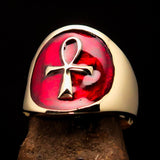 Well made Men's small red Egyptian Ankh Cross Pinky Ring - solid Brass - BikeRing4u