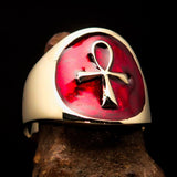 Well made Men's small red Egyptian Ankh Cross Pinky Ring - solid Brass - BikeRing4u