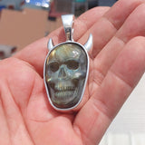 Sterling Silver Labradorite Skull Pendant, Hand crafted horned Devil Face Pendant, Skull Pendant, Skull Amulet, Labradorite Stone Carving