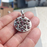 Garnet Silver Pendant, Round shaped Sterling Silver Gemstone Pendant with Garnet, Symmetric Amulet, Sterling silver pendant