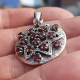 Garnet Silver Pendant, Round shaped Sterling Silver Gemstone Pendant with Garnet, Symmetric Amulet, Sterling silver pendant