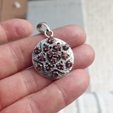 Garnet Silver Pendant, Round shaped Sterling Silver Gemstone Pendant with Garnet, Symmetric Amulet, Sterling silver pendant