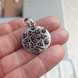 Garnet Silver Pendant, Round shaped Sterling Silver Gemstone Pendant with Garnet, Symmetric Amulet, Sterling silver pendant