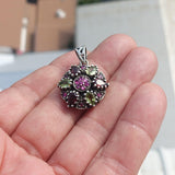 Garnet Peridot Silver Pendant, Star shaped Sterling Silver Gemstone Pendant with Garnet, Peridot and Rubies, Symmetric Amulet, Sterling silver pendant