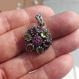 Garnet Peridot Silver Pendant, Star shaped Sterling Silver Gemstone Pendant with Garnet, Peridot and Rubies, Symmetric Amulet, Sterling silver pendant