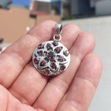 Garnet Star Silver Pendant, Round shaped Sterling Silver Gemstone Pendant with Garnet, Symmetric Amulet, Sterling silver pendant
