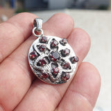 Garnet Star Silver Pendant, Round shaped Sterling Silver Gemstone Pendant with Garnet, Symmetric Amulet, Sterling silver pendant