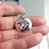 Round shaped Sterling Silver Pendant with round pink CZ - Minimalist Design