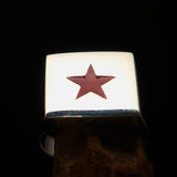 Square shaped Mirror polished Sterling Silver Pinky Ring Red Star