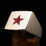 Square shaped Mirror polished Sterling Silver Pinky Ring Red Star