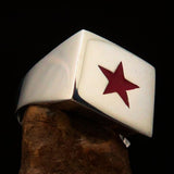 Square shaped Mirror polished Sterling Silver Pinky Ring Red Star