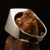 Square shaped Mirror polished Sterling Silver Pinky Ring Red Star