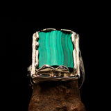 Green Malachite Ring, Artwork Sterling Silver Ring, rectangle shaped Green Malachite, handmade silver ring, unique silver ring - Size 9