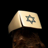 Star of David Ring, Square shaped Mirror polished Brass ring, Costume Pinky Ring, Blue Star of David, handmade brass ring, Hebrew Brass ring