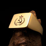 Communist Costume Ring, Square shaped Communist Ring, Pinky Ring, Red Star Hammer Sickle Crest, Hammer Sickle Ring, Socialist Ring - Brass