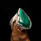 Malachite Silver Ring, Artwork Sterling Silver Ring, Green Pear Malachite, handmade silver ring, Unique Design, gift for her - Size 9