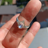 Moonstone Ring, Moonstone Silver Ring, Star shaped Ring, Sterling Silver Ring, oval shaped Ceylon Moonstone and 4 CZ handmade ring - Size 7