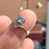 Natural Blue Zircon Ring, Sterling Silver Solitaire Ring, round Cut Blue Zircon and 15 CZ handmade silver ring, V-Shape Ring - Size 5.75