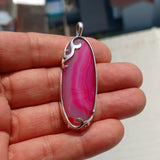 Pink Agate Silver Pendant, Long oval shaped Pendant, Sterling Silver Pendant, floral Artwork Pendant with pink Agate cabochon, Gift for Her