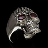 Excellent crafted Men's 1% Flaming Skull Outlaw Ring CZ Eyes - Sterling Silver - BikeRing4u