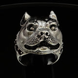 Excellent crafted Men's Ring Pitbull with Garnet Collar - Sterling Silver - BikeRing4u