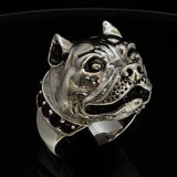 Excellent crafted Men's Ring Pitbull with Garnet Collar - Sterling Silver - BikeRing4u