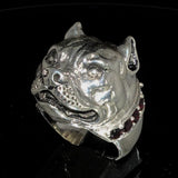 Excellent crafted Men's Ring Pitbull with Garnet Collar - Sterling Silver - BikeRing4u