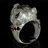 Excellent crafted Men's Ring Pitbull with Garnet Collar - Sterling Silver - BikeRing4u